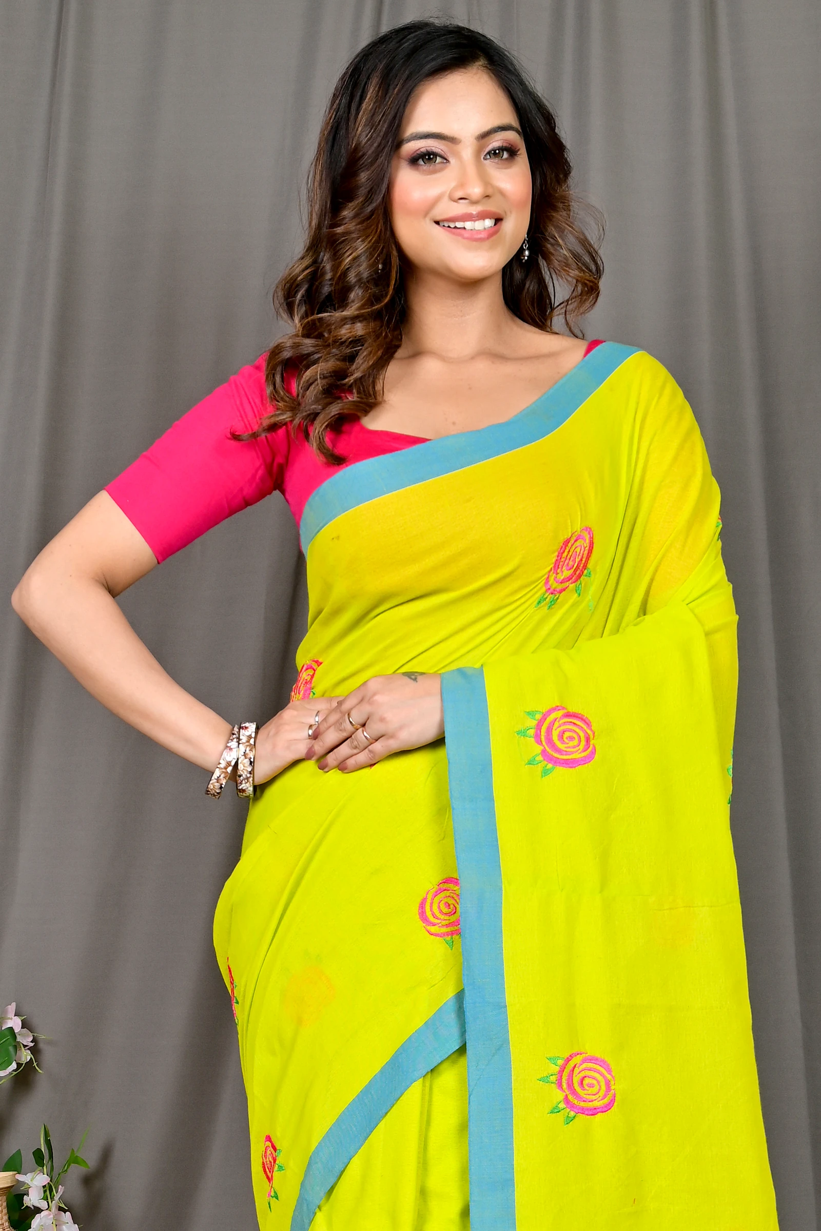 Lime Green Pure Cotton Parag Embroidery Handloom saree (211)